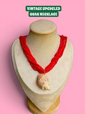 Red Vintage Upcycled OOAK Shell Necklace Gold  Beach Resort Cruise